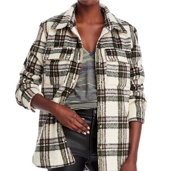 Blank NYC Cream Brown Green Plaid Snap Button Collared Shacket S - Picture 1 of 16